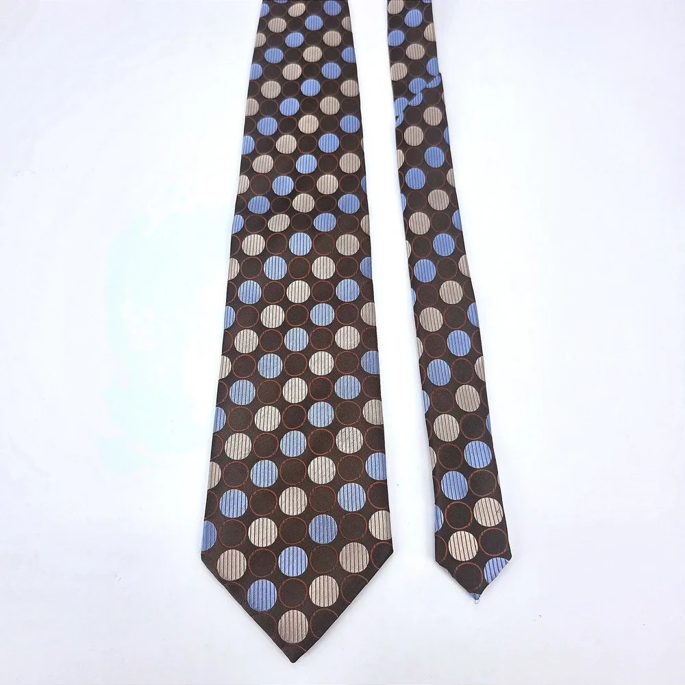 Ferucci‎ Mens Silk Necktie Brown Blue Tan Geometric Circle Polka Dot Handmade